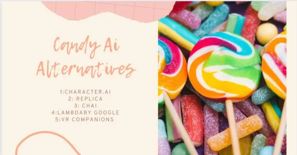 A colorful image of candies with the text "Candy AI Alternatives" and a list of AI chatbots.